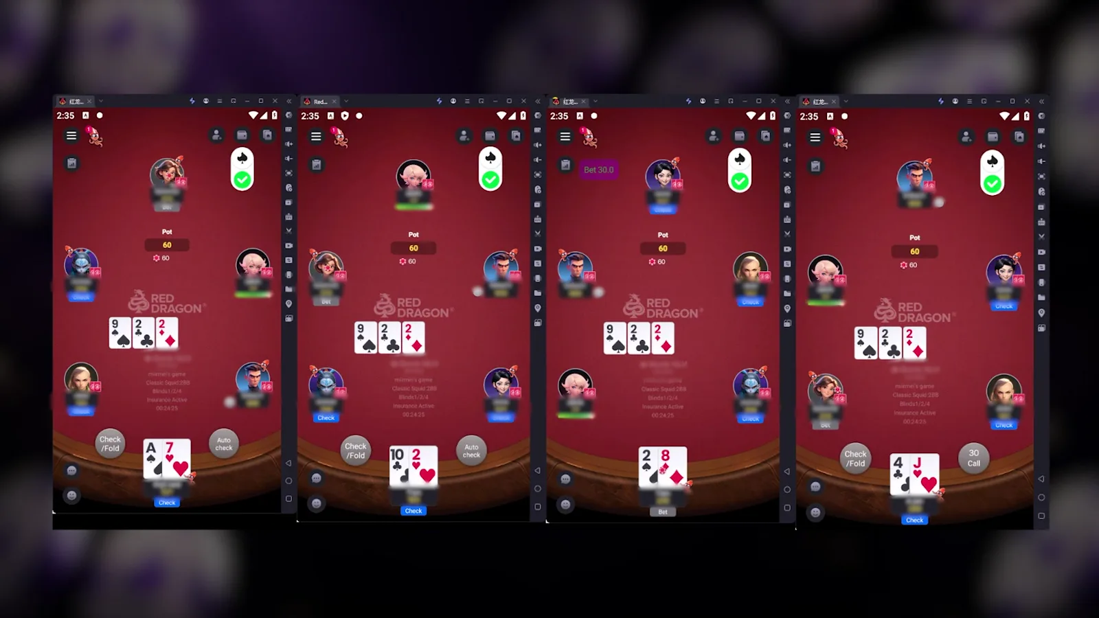 Four RedDragon tables running side by side with Poker-Eye ready indicators and action cues
