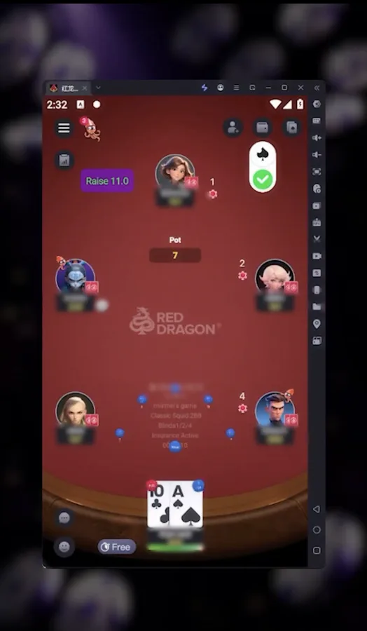 Purple Poker-Eye Raise 11.0 cue over a live RedDragon table