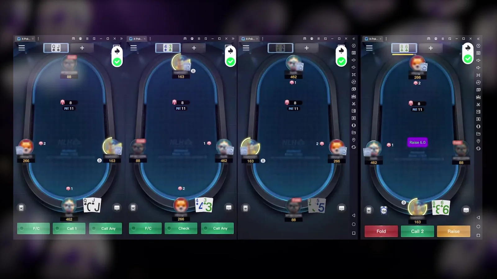 Four XPoker tables with a separate Poker-Eye account and status indicator for each table